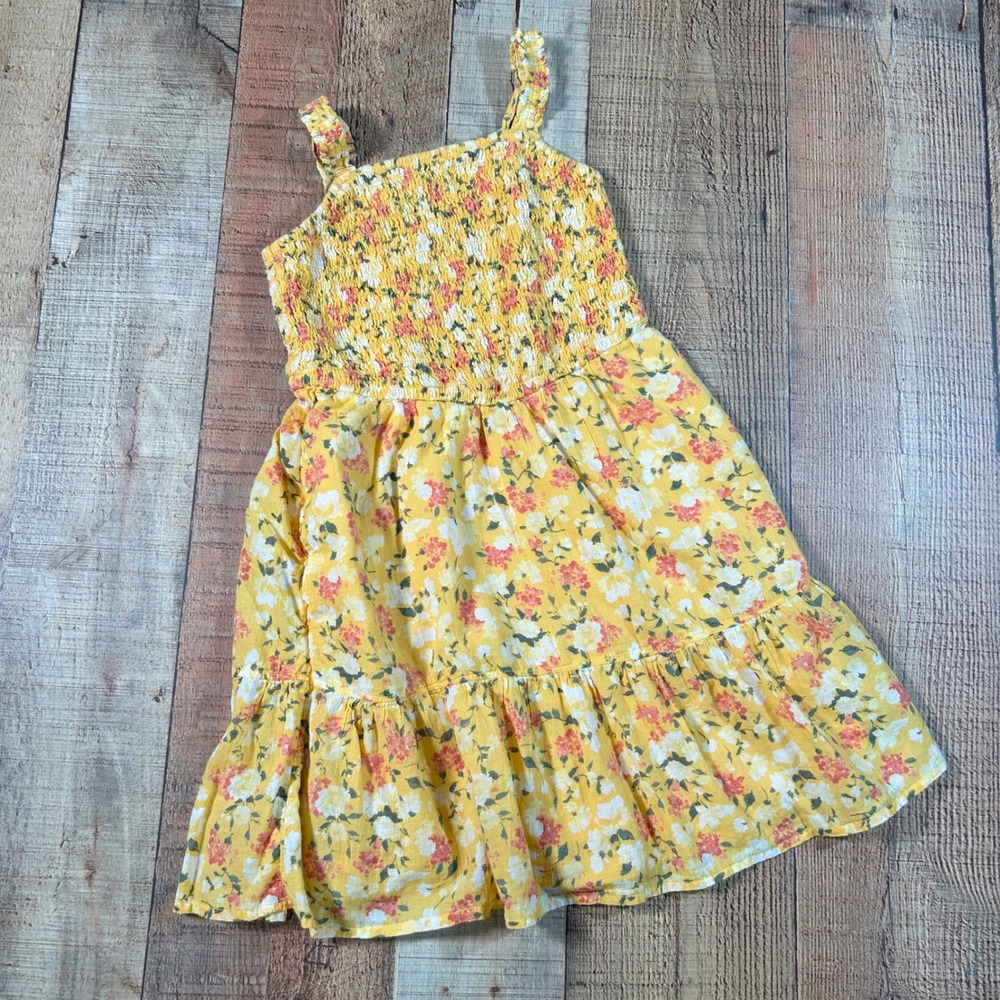 Abercrombie Kids Yellow Floral Cotton Smocked Tiered Sundress Size 7/8 Pockets